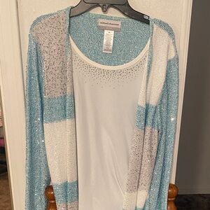 Alfred Dunner Women's Striped Cardigan - Blue, White, and Gray